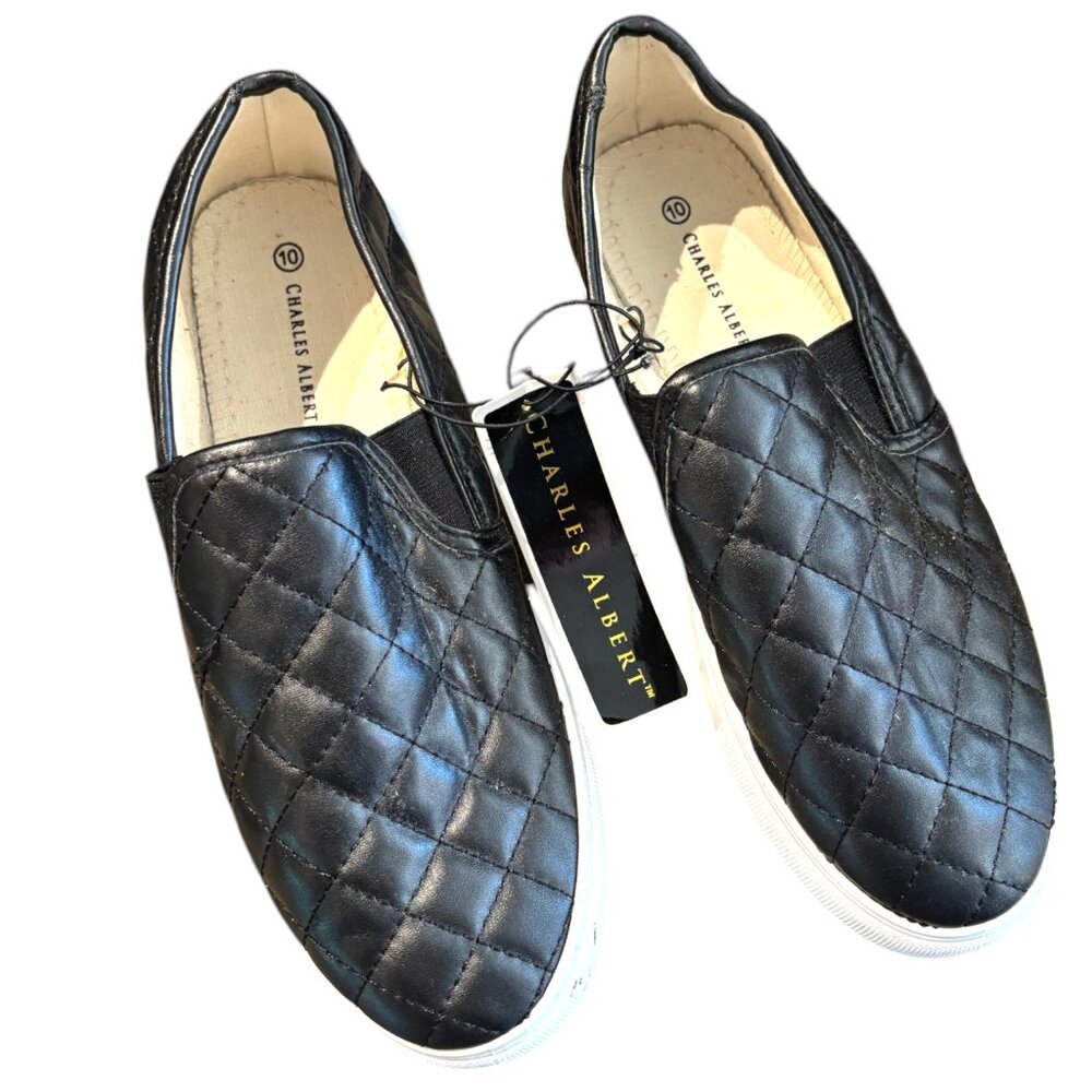 Charles Albert NWT Women's slip on black quilted loafers Vegan Leather sz 10M‎